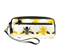 Pencil Case, Bumble Bees Silhouette with Honey Pattern Pen Bag Pouch PU Leather Stationery Pouch with Zipper for Boys Girls School & Office Supplies