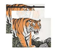 Pencil Case Clear Window Pocket Folders for A4 Paper Letter 2 Pack Students Art Supplies Storage Wildlife Animal Tigers Roaring Rock Orange Black