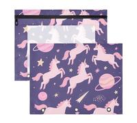 Pencil Case Cute 3 Hole Punch 3 Rings Binder 2 Packs Student Storage Teaching Supplies Purple Unicorns and Planet Pattern