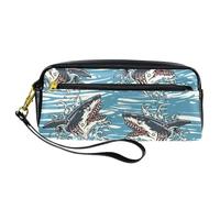 Pencil Case, Dangerous Sharks on Waves Ocean Pen Bag Pouch PU Leather Stationery Pouch with Zipper for Boys Girls School & Office Supplies