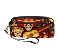 Pencil Case, Day of The Dead Skull Guitar Maracas Pen Bag Pouch PU Leather Stationery Pouch with Zipper for Boys Girls School & Office Supplies
