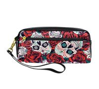 Pencil Case, Day of The Dead Sugar Skulls Red Rose Pen Bag Pouch PU Leather Stationery Pouch with Zipper for Boys Girls School & Office Supplies