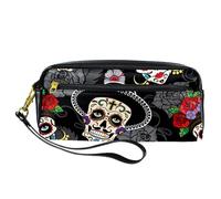 Pencil Case, Dia de Los Muertos Day of The Dead Sugar Skulls Pen Bag Pouch PU Leather Stationery Pouch with Zipper for Boys Girls School & Office Supplies