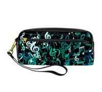 Pencil Case, Falling Green Music Notes Clefs Pen Bag Pouch PU Leather Stationery Pouch with Zipper for Boys Girls School & Office Supplies