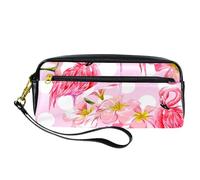 Pencil Case, Flamingos Hibiscus Flower on Polka Dot Pen Bag Pouch PU Leather Stationery Pouch with Zipper for Boys Girls School & Office Supplies