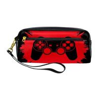 Pencil Case, Game Joystick on Red Grunge Background Pen Bag Pouch PU Leather Stationery Pouch with Zipper for Boys Girls School & Office Supplies