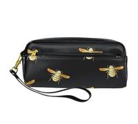 Pencil Case, Golden Bumble Bee Pattern Pen Bag Pouch PU Leather Stationery Pouch with Zipper for Boys Girls School & Office Supplies