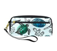 Pencil Case, Green Seashells Turtle Jellyfish Coral Pen Bag Pouch PU Leather Stationery Pouch with Zipper for Boys Girls School & Office Supplies