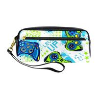 Pencil Case, Grunge Blue Green Game Joystick Pen Bag Pouch PU Leather Stationery Pouch with Zipper for Boys Girls School & Office Supplies