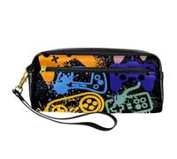 Pencil Case, Grunge Paiting Game Console Pen Bag Pouch PU Leather Stationery Pouch with Zipper for Boys Girls School & Office Supplies