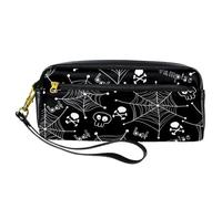 Pencil Case, Halloween Spider Web and Skull Bones Pen Bag Pouch PU Leather Stationery Pouch with Zipper for Boys Girls School & Office Supplies