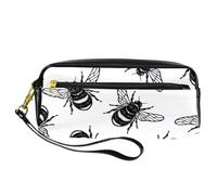 Pencil Case, Hand Draw Black Bumble Bee Pen Bag Pouch PU Leather Stationery Pouch with Zipper for Boys Girls School & Office Supplies