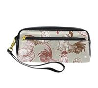 Pencil Case, Hand Draw Rooster and Hens Pen Bag Pouch PU Leather Stationery Pouch with Zipper for Boys Girls School & Office Supplies