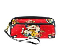 Pencil Case, Japanese Cat Maneki Neko with Flower Pen Bag Pouch PU Leather Stationery Pouch with Zipper for Boys Girls School & Office Supplies