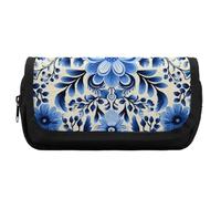 Pencil Case Large Capacity Blue Folk Art Pencil Pouch for Men Aesthetic Pen Bag Office Tool Organizer