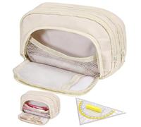 Pencil Case Large Capacity School Pencil Case Teenager with 3 Layers and Set Square Pencil Case Adult Beige Case Aesthetic for School, Office, Girls, Boys, Men and Women