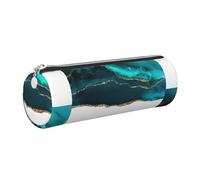 Pencil Case Leather Cosmetic Pouch Bag Portable Pencil Pouch with Silver Zipper,Modern Stylish Teal Gold Agate On White