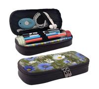 Pencil Case Leather Pencil Pouch Big Capacity Stationery Bag With Compartments Double Zipper Wild Flowers and Cornflowers Daisies Pencil Box Organizer for Men Women Pencil Holder for Office Work Gift