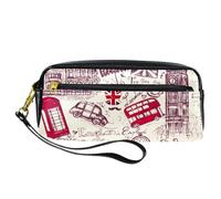 Pencil Case, London UK British Postcard Pen Bag Pouch PU Leather Stationery Pouch with Zipper for Boys Girls School & Office Supplies