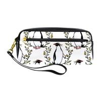 Pencil Case, Macaroni Penguins in Floral Wreath Pen Bag Pouch PU Leather Stationery Pouch with Zipper for Boys Girls School & Office Supplies