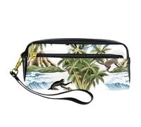 Pencil Case, Monkey Climb on Palm Tree Island Pen Bag Pouch PU Leather Stationery Pouch with Zipper for Boys Girls School & Office Supplies