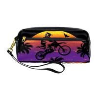 Pencil Case, Motocross Silhouette on Sunset Pen Bag Pouch PU Leather Stationery Pouch with Zipper for Boys Girls School & Office Supplies