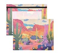 Pencil Case Multi-Purpose 3 Hole Pocket for 3 Rings Binder 2 Pack Students Art Supplies Storage Desert with Cactus Blooming Flowers