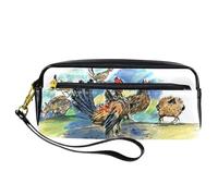 Pencil Case, Pastel Drawing of Chickens Pen Bag Pouch PU Leather Stationery Pouch with Zipper for Boys Girls School & Office Supplies