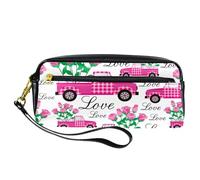 Pencil Case, Pink Truck with Love Roses Pen Bag Pouch PU Leather Stationery Pouch with Zipper for Boys Girls School & Office Supplies