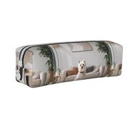 Pencil Case Portable Cylindrical Pencil Pouch with Zipper Leather Cosmetic Pouch Bag,Lively Puppy Lying On The Sofa