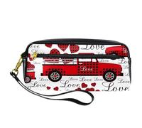 Pencil Case, Red Truck with Love Hearts Pen Bag Pouch PU Leather Stationery Pouch with Zipper for Boys Girls School & Office Supplies