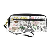 Pencil Case, Retro Paris France Postcard Pen Bag Pouch PU Leather Stationery Pouch with Zipper for Boys Girls School & Office Supplies