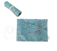 Pencil Case Roll, Vintage Linen Pencil Case Colorful Canvas Roll up Pouch with Buckskin Velvet Strap Liner(Blue)