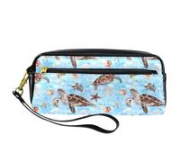 Pencil Case, Sea Turtle Starfish Jellyfish and Shells Pen Bag Pouch PU Leather Stationery Pouch with Zipper for Boys Girls School & Office Supplies