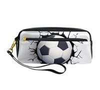 Pencil Case, Soccer Flying Through The Wall Cracks Pen Bag Pouch PU Leather Stationery Pouch with Zipper for Boys Girls School & Office Supplies