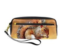 Pencil Case, Squirrel Eat Nut Painting Pen Bag Pouch PU Leather Stationery Pouch with Zipper for Boys Girls School & Office Supplies