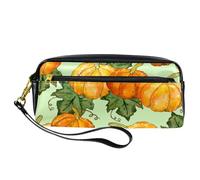 Pencil Case, Thanksgiving Pumpkin with Leave Pen Bag Pouch PU Leather Stationery Pouch with Zipper for Boys Girls School & Office Supplies