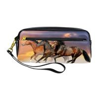 Pencil Case, Three Horse Gallop in Desert Dust Pen Bag Pouch PU Leather Stationery Pouch with Zipper for Boys Girls School & Office Supplies