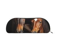 Pencil Case Two horses standing on black background Leather Pencil Pouch Portable Stationery Organizer Pencil Holder Makeup Bag with Zipper Closure
