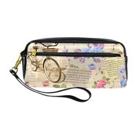 Pencil Case, Vintage Bicycle Flower Torn Newspaper Pen Bag Pouch PU Leather Stationery Pouch with Zipper for Boys Girls School & Office Supplies