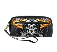 Pencil Case, Vintage Motorbike Skull Pen Bag Pouch PU Leather Stationery Pouch with Zipper for Boys Girls School & Office Supplies