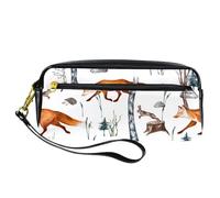 Pencil Case, Watercolor Forest Animals Fox Hedgehog Hare Owl Pen Bag Pouch PU Leather Stationery Pouch with Zipper for Boys Girls School & Office Supplies