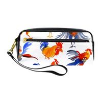 Pencil Case, Watercolor Rooster in Fight Pen Bag Pouch PU Leather Stationery Pouch with Zipper for Boys Girls School & Office Supplies