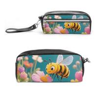 Pencil Case Waterproof Leather Pencil Pouch Bee in Flowers Multi-purpose Aesthetic Makeup Bag Cute Pen Bag Large Cosmetic Bag for Office Stationery, Travel