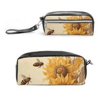 Pencil Case Waterproof Leather Pencil Pouch Bees And Sunflowers on Old Paper Multi-purpose Aesthetic Makeup Bag Cute Pen Bag Large Cosmetic Bag for Office Stationery, Travel