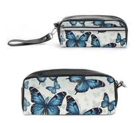 Pencil Case Waterproof Leather Pencil Pouch Blue Butterfly Multi-purpose Aesthetic Makeup Bag Cute Pen Bag Large Cosmetic Bag for Office Stationery, Travel