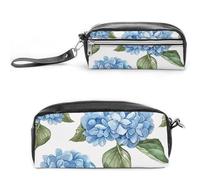Pencil Case Waterproof Leather Pencil Pouch Blue Hydrangea Pattern Multi-purpose Aesthetic Makeup Bag Cute Pen Bag Large Cosmetic Bag for Office Stationery, Travel