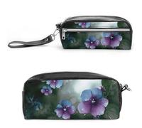 Pencil Case Waterproof Leather Pencil Pouch Blue Purple Flowers And Green Leaves Multi-purpose Aesthetic Makeup Bag Cute Pen Bag Large Cosmetic Bag for Office Stationery, Travel