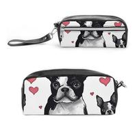 Pencil Case Waterproof Leather Pencil Pouch Boston Terrier Heart Dog Multi-purpose Aesthetic Makeup Bag Cute Pen Bag Large Cosmetic Bag for Office Stationery, Travel