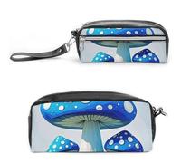 Pencil Case Waterproof Leather Pencil Pouch Cartoon Blue Mushroom Multi-purpose Aesthetic Makeup Bag Cute Pen Bag Large Cosmetic Bag for Office Stationery, Travel